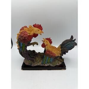Colorful Rooster Figurine Pair on Base Resin Country Farm Decor 7” Long 6.5”